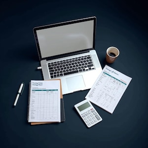 May include: A laptop, notebook, calculator, pen, and coffee cup are arranged on a dark surface. The notebook displays a pricing chart, and the paper has the text "Pricing Prime Pricing Chart". The calculator is white.