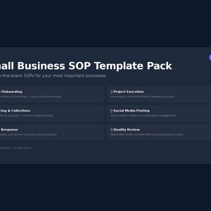 Puede incluir: Gráfico azul oscuro con el texto "Small Business SOP Template Pack" y la descripción "10 plantillas de PNT en blanco para sus procesos más importantes." Incluye secciones para la incorporación de clientes, etc.