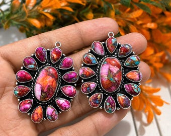 Sterling Silver Pink Spiny Oyster Dangle Earrings, Southwestern Boho Gemstone Jewelry