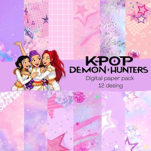 Puede incluir: Un paquete de papel digital con doce diseños con el tema KPOP DEMON HUNTERS. La imagen muestra tres personajes animados con trajes blancos junto a varios patrones que incluyen estrellas, bolas de discoteca, cuadrículas y degradados rosas y morados.