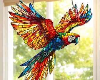 Colorful Macaw Parrot Stained Glass Suncatcher, Acrylic Light Catcher, Window Hanging Ornament, Bird Lover Home Decor