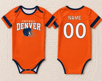 Personalized baby onesies Denver, Customizable name and number soccer baby onesies, Match day outfits, Sports fan baby gifts.