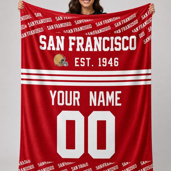 Personlig supporterfilt San Francisco, anpassad filt med namn och nummer, matchdagsfilt, present till sportfan, personlig heminredning, mysig ullfilt