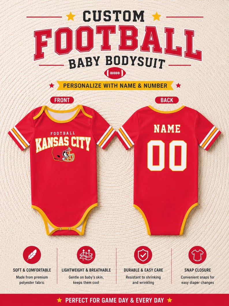 May include: Red baby bodysuit with "FOOTBALL" text and a football graphic. The front features "KANSAS CITY" and a helmet graphic. The back has "NAME" and the number "00". Includes text: "PERSONALIZE WITH NAME & NUMBER".