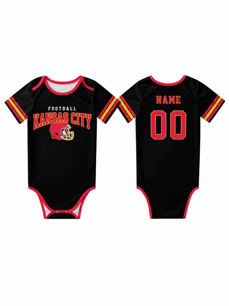 May include: Black baby bodysuit with red and yellow accents. The front features the text "FOOTBALL KANSAS CITY" with a football helmet graphic. The back has the word "NAME" above the number "00".