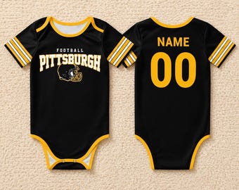 Personalized baby onesie Pittsburgh, Customizable name and number soccer baby onesies, Match day outfits, Sports fan baby gifts.