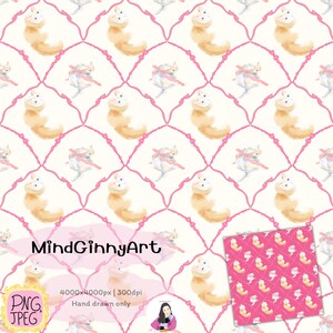 May include: Watercolor pattern featuring repeating illustrations of a fluffy, light brown creature with a white head and a pink bow, set against a cream background with a pink lattice design. The text "MindGinnyArt" is visible.