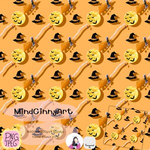 May include: A repeating digital pattern on an orange background featuring yellow full moons with black silhouettes of flying bats, black witch hats with purple bands, and brown broomsticks. The text MindGinnyArt is visible.