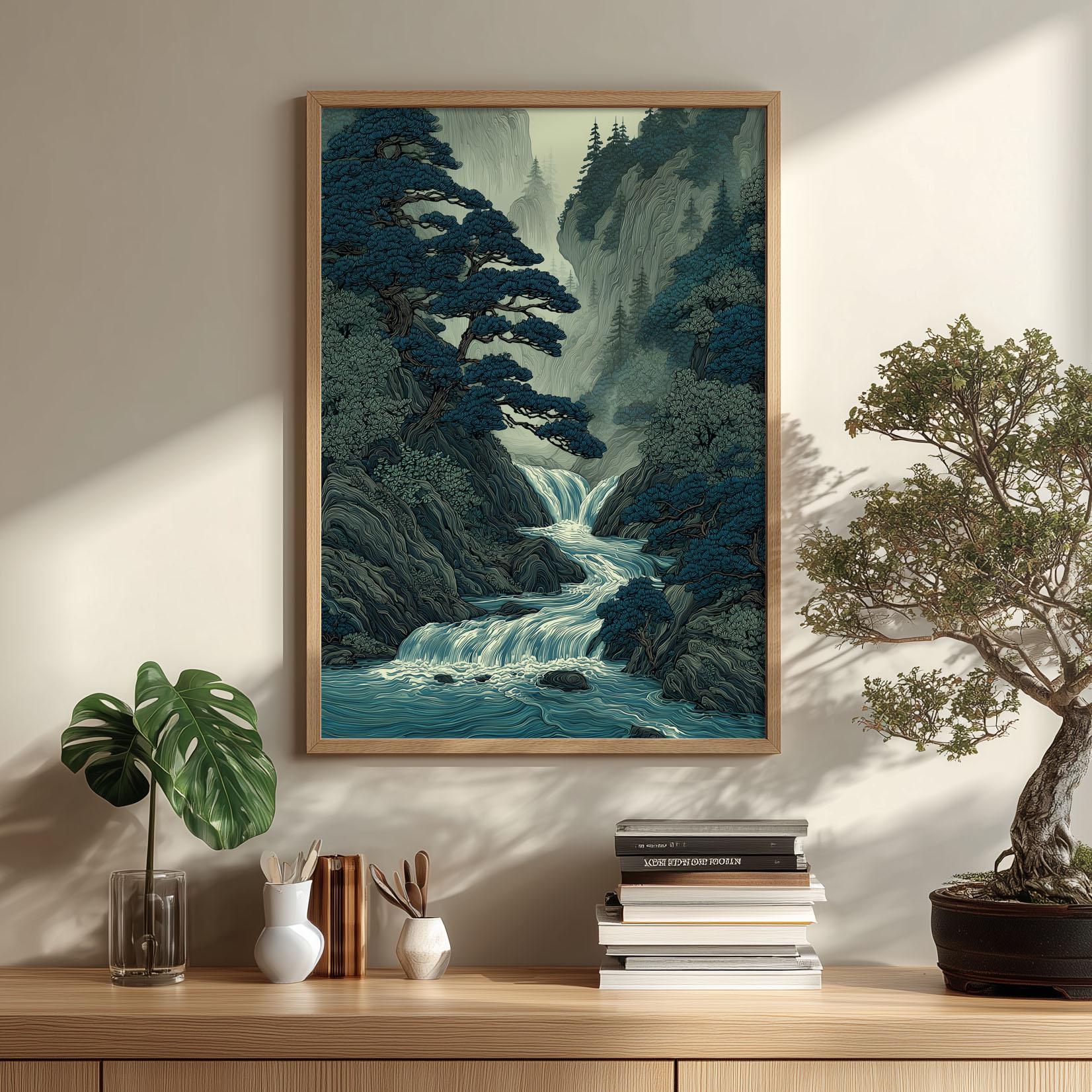 Mountain Waterfall Poster, Asian Forest Wall Art, Blue River Art Print ...