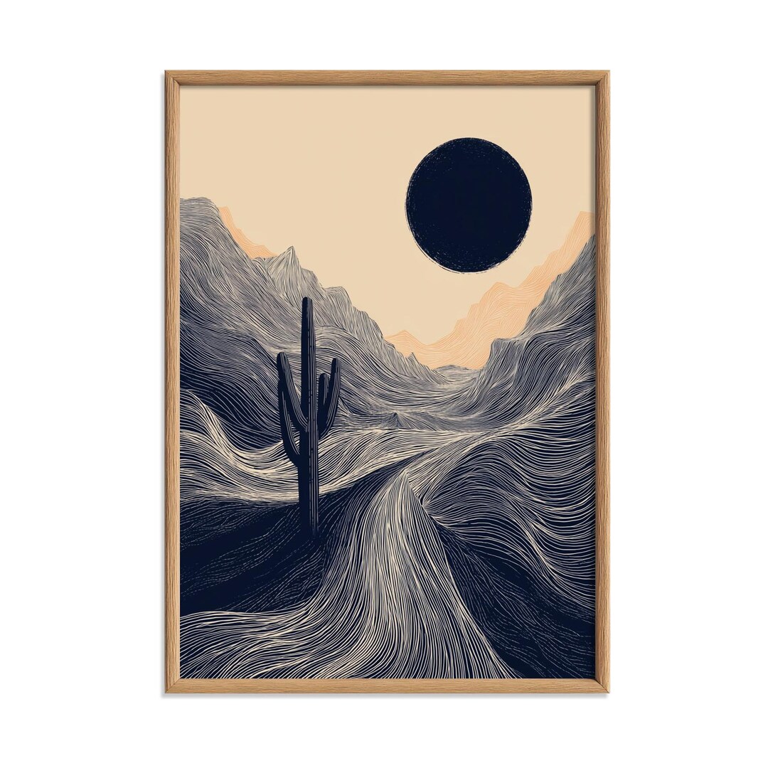 Desert Cactus Poster | Minimalist Landscape Art Print, Navy Wall Art ...