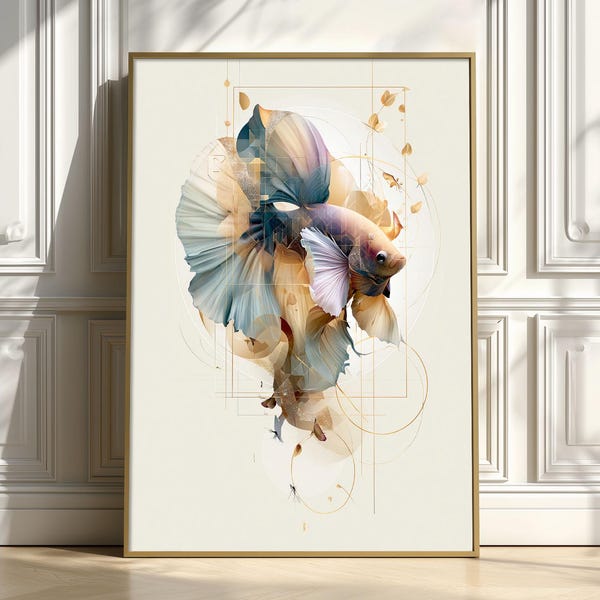 Betta Fish Wall Art Print, Abstract Geometric Poster, Modern Bathroom Decor