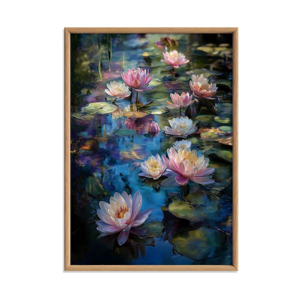 Water Lily Poster, Impressionist Garden Print, Blue Floral Pond Wall Art