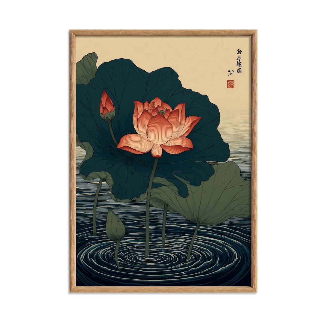 Lotus Flower Pond Art Print | Japanese Water Lily Wall Decor - Etsy
