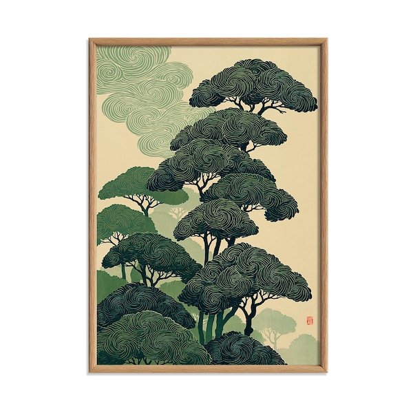 Japanese Pine Tree Forest Poster, Zen Green Asian Nature Wall Art Print
