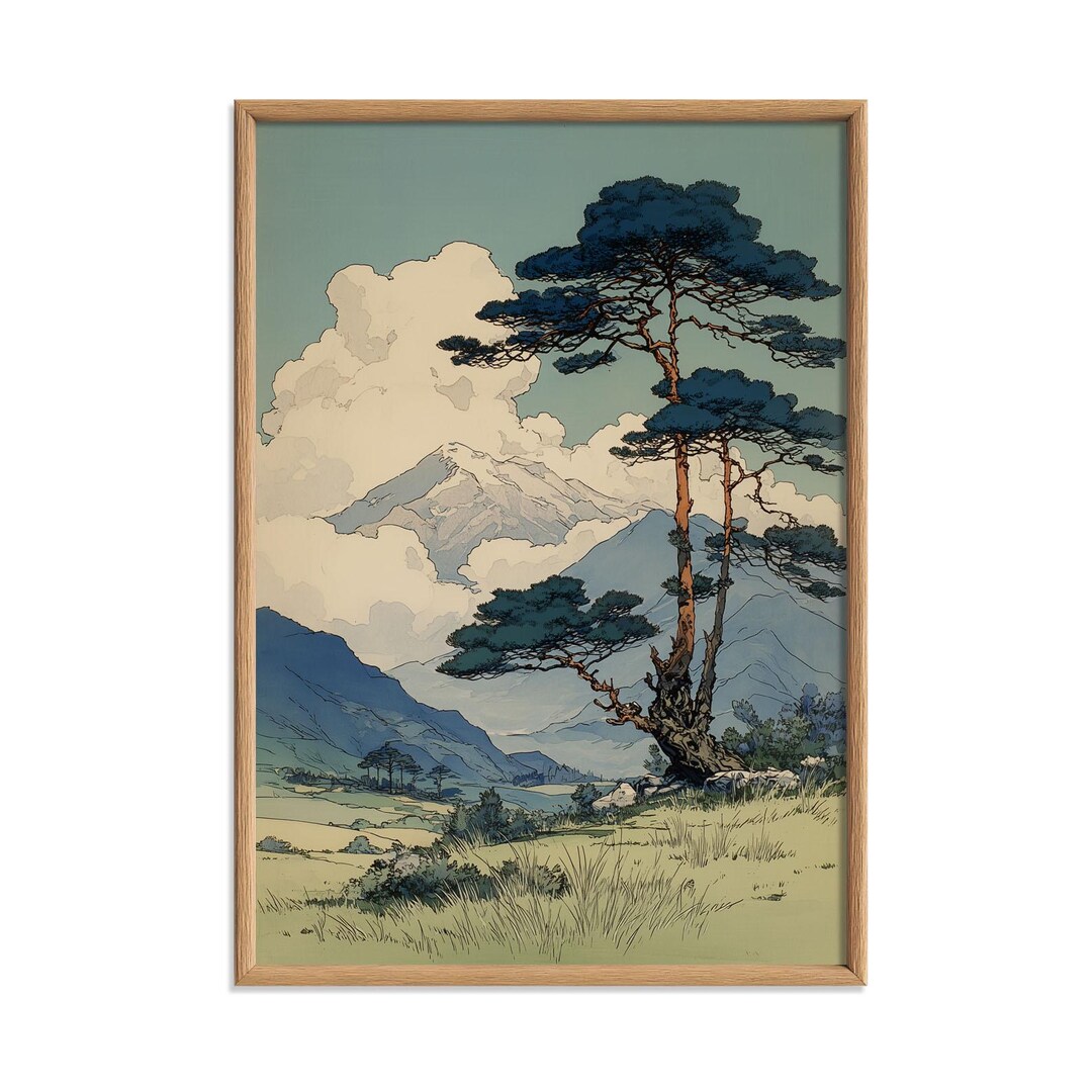 Japanese Mountain Landscape Wall Art Print, Vintage Pine Tree Poster ...
