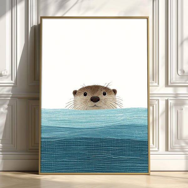 Otter Wall Art Print, Cute Peeking Animal Poster, Blue Nursery and Bathroom Decor