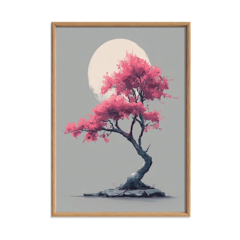 Cherry Blossom Art Print, Pink Moon Wall Art, Japanese Tree Poster ...