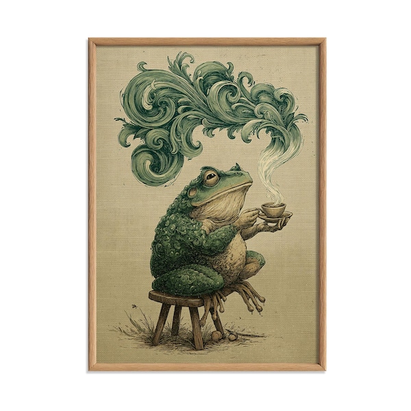Frog Coffee Poster Print, Toad Kitchen Wall Art, Funny Animal Picture, Cafe Cottagecore Decor