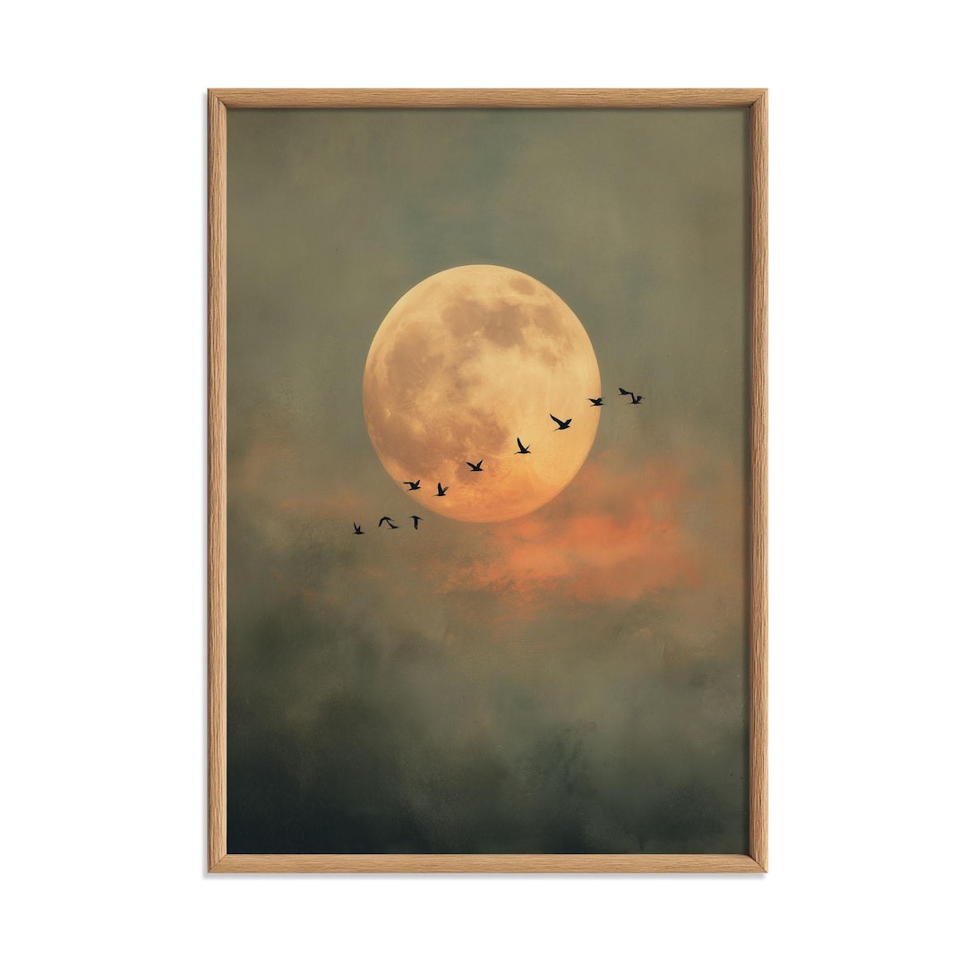 Full Moon Wall Art | Flying Birds Poster, Moody Night Sky Art Print ...