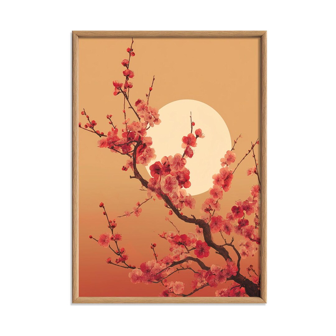Cherry Blossom Poster, Pink Floral Wall Art, Moon Botanical Art Print ...