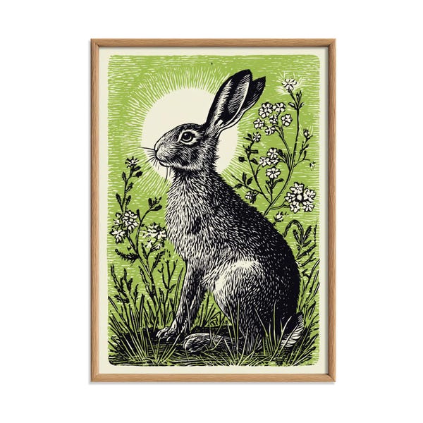 Hare Poster, Green Linocut Style, Woodland Hare and Wildflower Decor