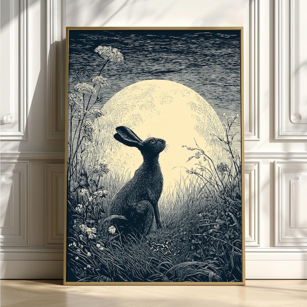 Moon Hare Art Print, Celestial Woodland Wall Art, British Folklore Home Decor