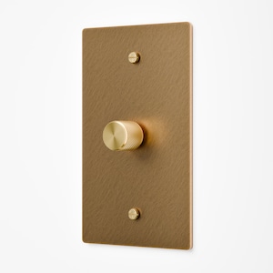 Puede incluir: Un regulador de intensidad rectangular de color latón con una superficie texturizada. Cuenta con un mando cilíndrico con diseño estriado y dos pequeños tornillos. El diseño es minimalista y moderno.