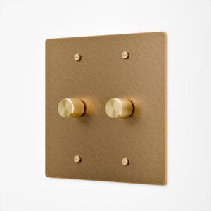 Può includere: Una placca interruttore quadrata in ottone spazzolato con due manopole dimmer rotanti e quattro piccole viti. Le manopole e le viti sono anch'esse in ottone. La placca è montata su una parete bianca.