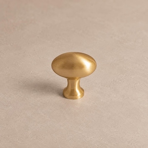 May include: A solid brass cabinet knob featuring a smooth, oval-shaped head and a tapered cylindrical base. The metal surface has a brushed, matte gold finish that reflects light evenly across its rounded, symmetrical form.