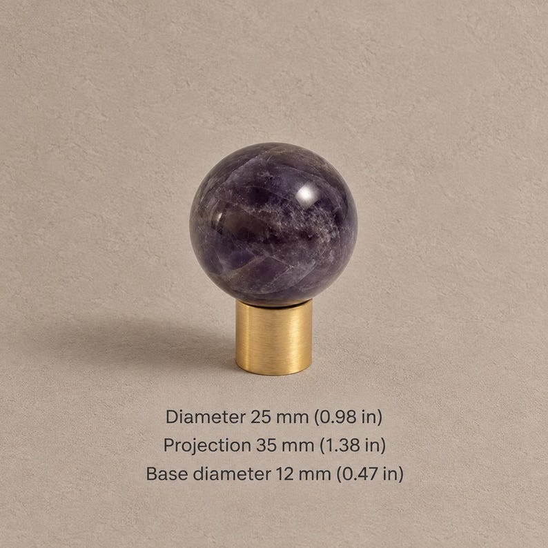 Massive Messing-Schrankknöpfe mit Steinelementen, gebürstetes Messing Purple — 0.98 in / 2.5 cm