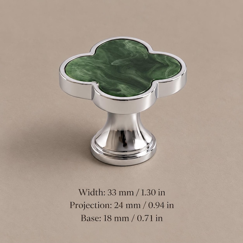 Solid Brass Clover Cabinet Knobs with Decorative Inlays, Gold or Chrome L0086-Chrome-STQ