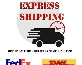 May include: A graphic design featuring the red text EXPRESS SHIPPING over a light gray circle. A black silhouette of a delivery truck with motion lines and a red clock icon are centered. Below, the text reads GET IT ON TIME - DELIVERY TIME 2-5 DAYS!, followed by the blue and orange FedEx Express logo and the red and yellow DHL Express logo.