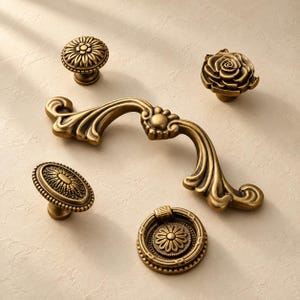 May include: A collection of five antique brass-toned metal hardware pieces including one curved drawer pull, one rose-shaped knob, one round floral knob, one oval textured knob, and one round drop-ring pull with a central flower motif.