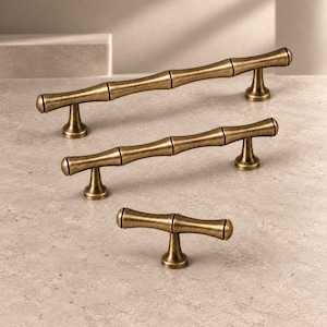 Antique Brass Bamboo-Style Cabinet Pulls and T-Knob, Solid Brass Hardware