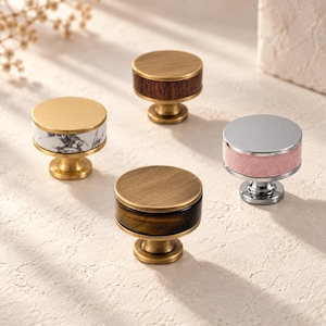 Brass Cabinet Knobs with Decorative Inlays, Brushed, Antique and Chrome Finishes