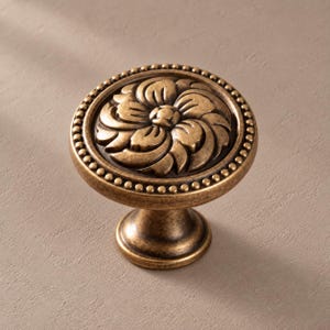 Antique Brass Floral Cabinet Knob, Solid Brass with Beaded Rim