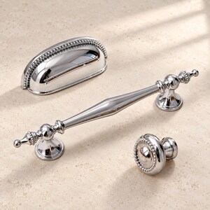 Chrome Solid Brass Cup Pulls, Spindle Handles and Beaded Knob