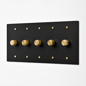 Rotary Dimmer with Matte Black Switch Plate | 5 Gang | Knurled Brass Knob | Vintage Style