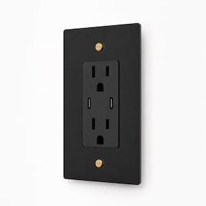 May include: A matte black rectangular electrical wall outlet with two standard power sockets and two integrated USB-C charging ports. The faceplate is secured by two visible brass-colored screws positioned at the top and bottom center.
