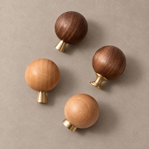 Walnut or Beech Ball Cabinet Knobs with Solid Brass Bases