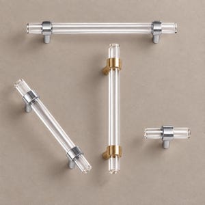 Clear Acrylic Cabinet Pulls and T-Knobs, Brushed Brass or Chrome