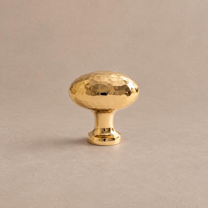 Solid Brass Hammered Oval Cabinet Knobs, Polished Brass or Chrome 2100 — 1.38 in / 35 mm — Polished Brass