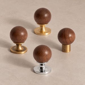 Walnut Ball Cabinet Knobs with Solid Brass Bases, Chrome or Brass