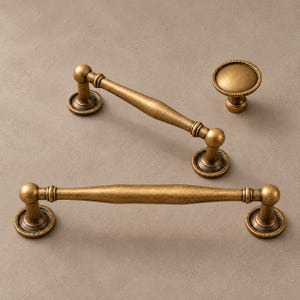 Antique Brass Cabinet Pulls and Ribbed Rim Knob, Solid Brass