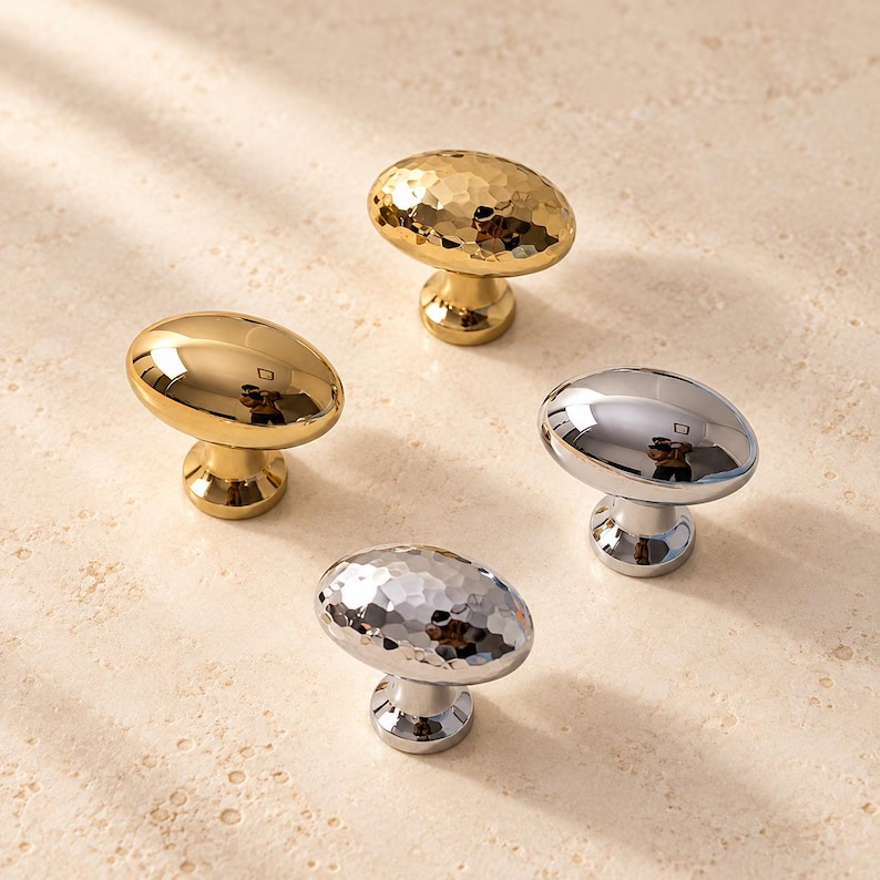 Solid Brass Hammered Oval Cabinet Knobs, Polished Brass or Chrome image 1