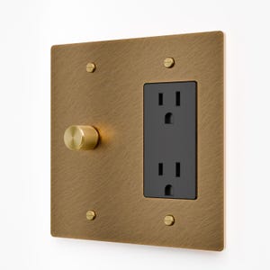 May include: A square wall plate with a brushed brass finish featuring a circular knurled brass dimmer knob on the left and a black rectangular electrical socket on the right, secured by four matching brass screws at the corners of the plate.