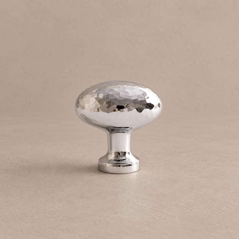 Solid Brass Hammered Oval Cabinet Knobs, Polished Brass or Chrome 1256 — 1.38 in / 35 mm — Chrome Brass
