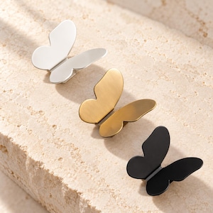 Solid Brass Butterfly Wing Cabinet Knobs, Brushed Brass, Black or White