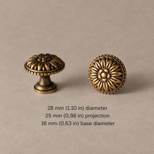 Massief messing bloemvormige knoppen, ringgrepen en sierlijke kastgrepen, antieke afwerking 2052.28 — Antique Brass