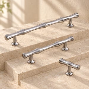 Chrome Bamboo Cabinet Pulls and T Knob, Solid Brass Hardware